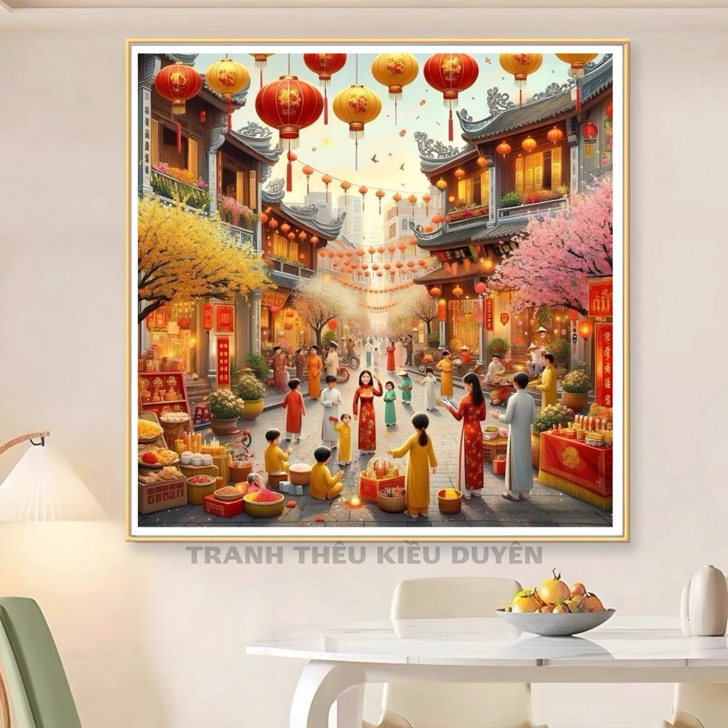 tranh thêu Chợ Tết (chưa thêu) VS8333 (70x70cm) thêu kín tranh