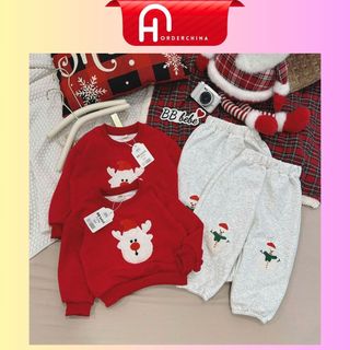 Bộ noel nỉ 2 da áo đỏ quần ghi họa tiết tuần lộc người tuyết dễ thương cho bé - HNOrderChina 