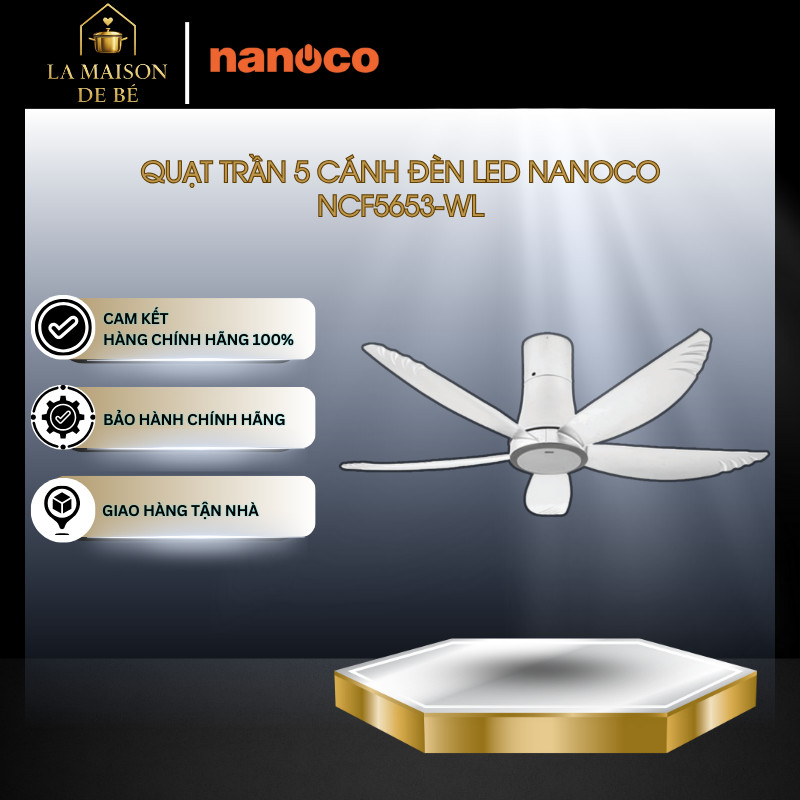 Quạt Trần Remote Nanoco NCF5653-WL – 5 Cánh, Đèn LED, Công Suất 69W – Hiệu Suất Cao – LMS