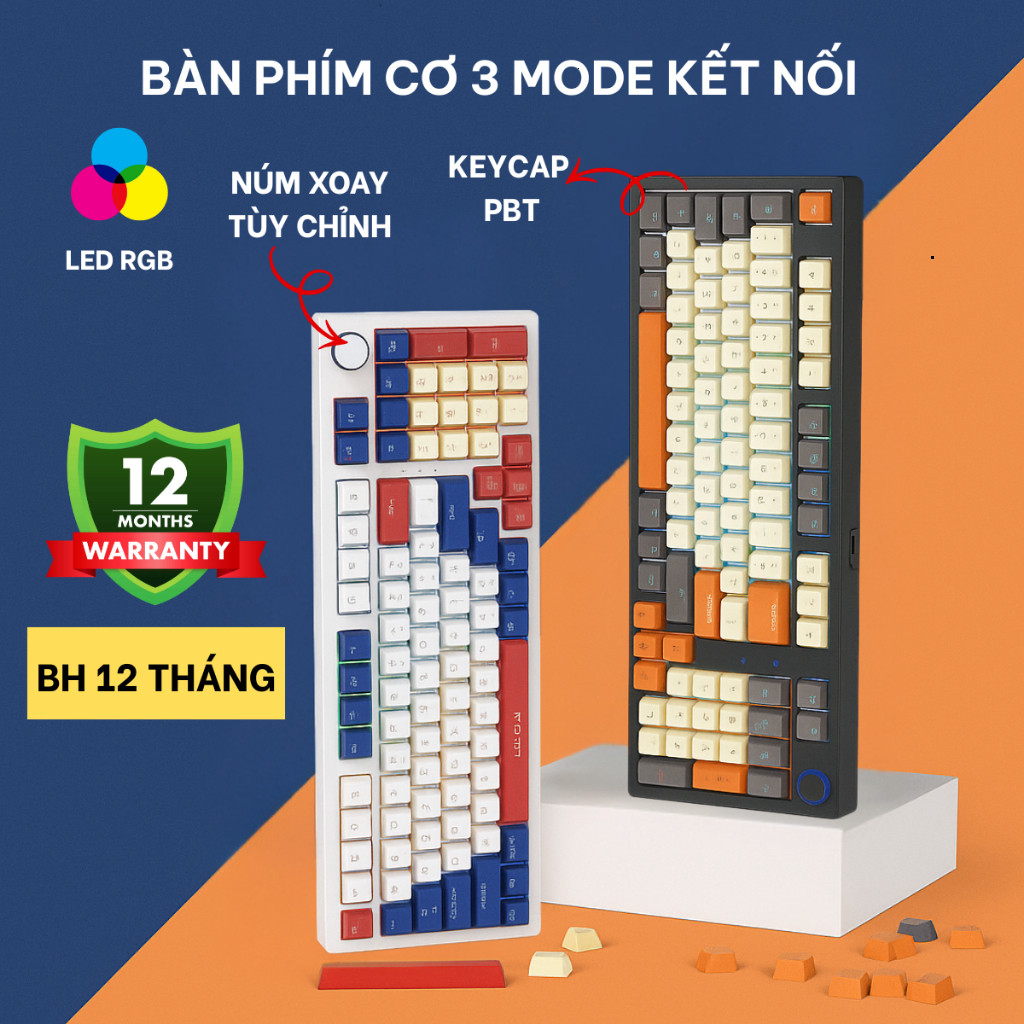 Bàn Phím Cơ Không Dây Leaven H96, Red Switch Êm Ái, LED RGB Rực Rỡ, 3 Mode Kết Nối, Núm Xoay Đa Năng