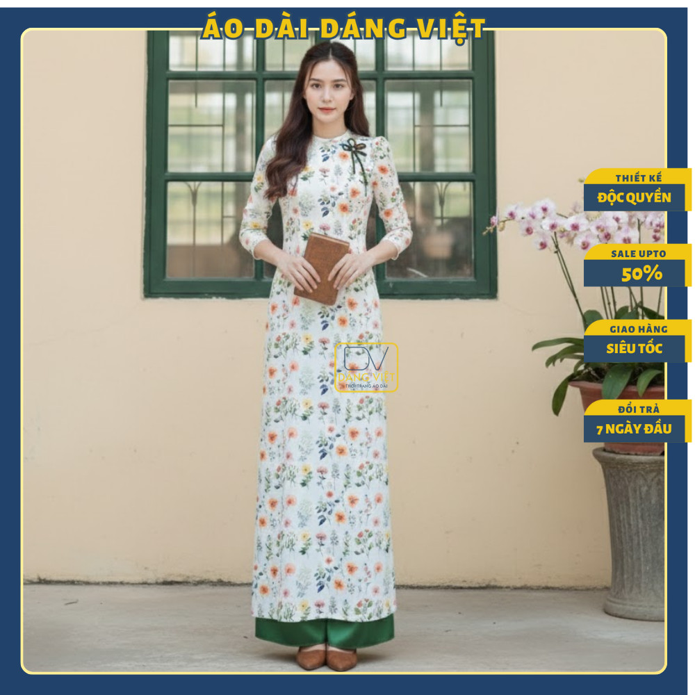 Áo Dài Dáng Việt Lụa Bảo Anh Trắng Hoa Nhí Phối Quần Xanh Rêu Duyên Dáng