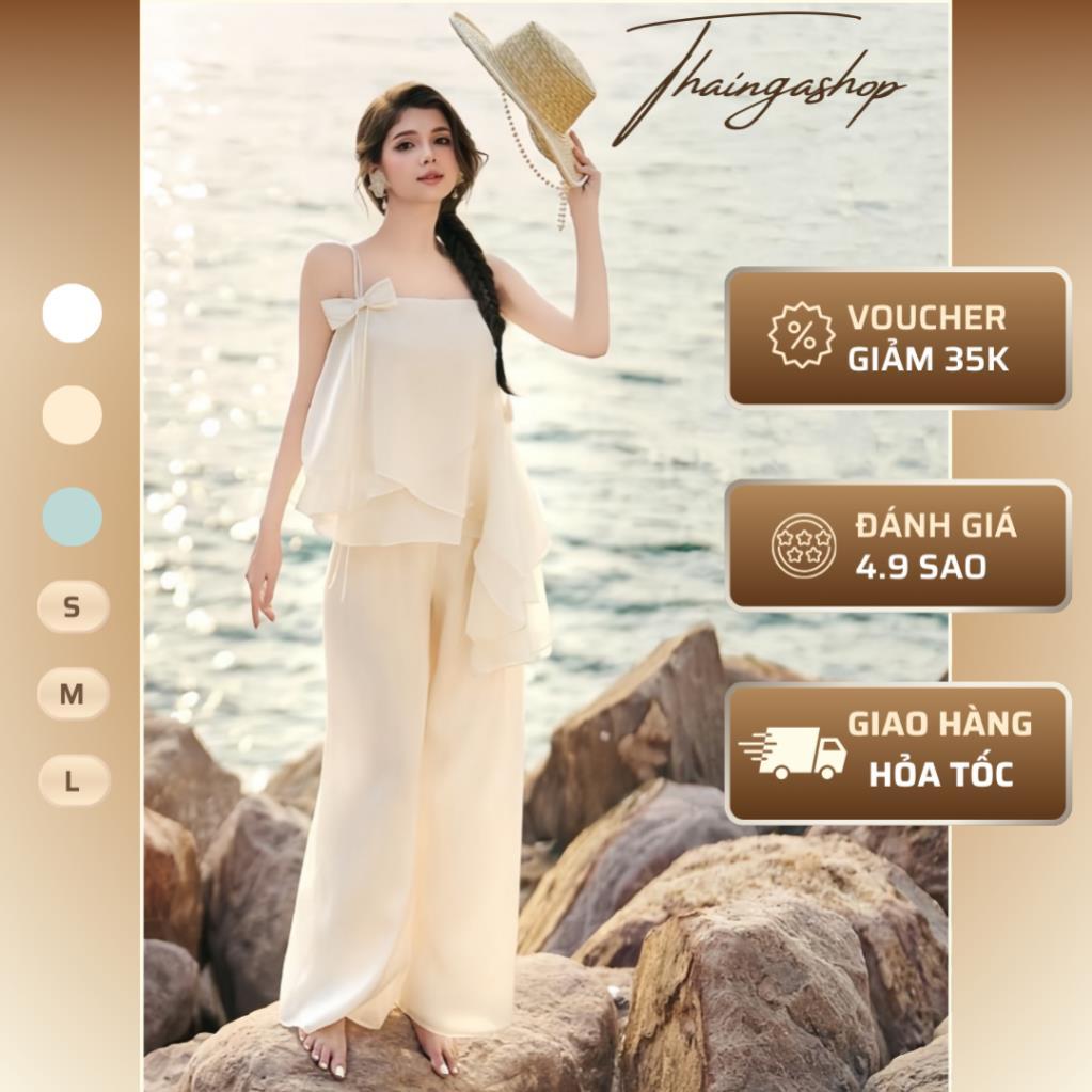 Set hai món nữ :  áo đính nơ kèm quần suông thiết kế vải tơ mềm màu nude size S M L sang chảnh D0887