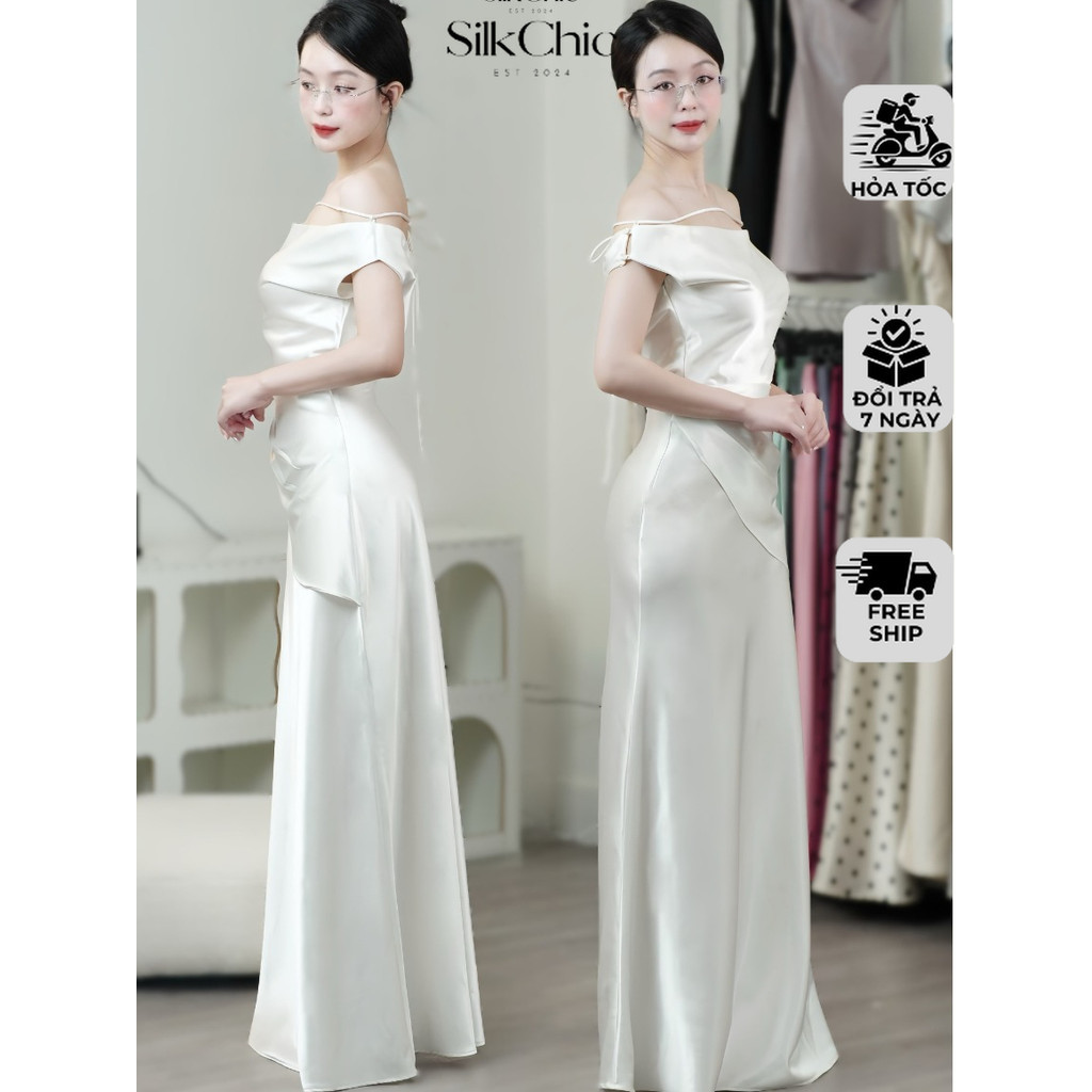 Đầm Lụa Dự Tiệc Lệch Vai Nữ NV777 Dáng Ôm Dài Khoe Đường Eo Cong Sang Chảnh