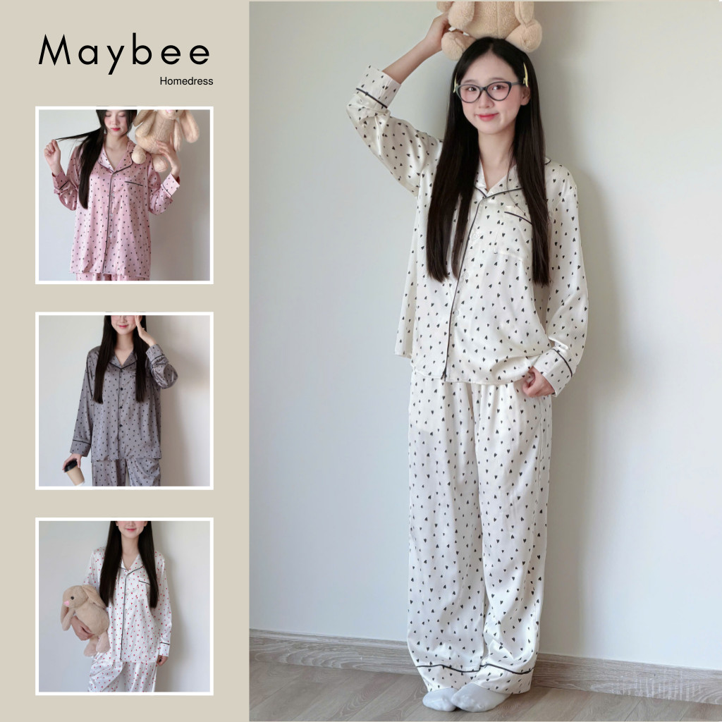 MB-SET-017 Bộ đồ ngủ lụa viền né in hình trái tim Maybee Homdress