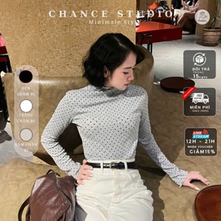  Áo Thun Giữ Nhiệt Nữ Chance Studio Dài Tay Cổ Bèo Giữ Nhiệt Chấm Bi Phong Cách Doyuin Thu Đông 