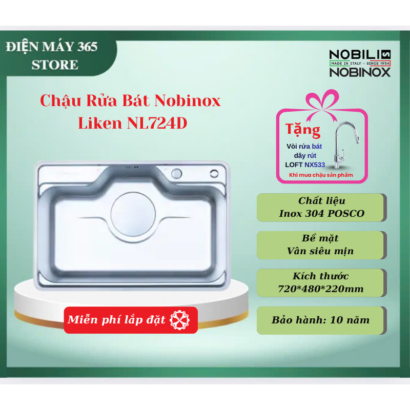 Chậu Rửa Bát 1 Hố Nobinox Liken NL724D – Bề Mặt Vân Siêu Mịn Chống Xước, Bo Góc R30 – DNH
