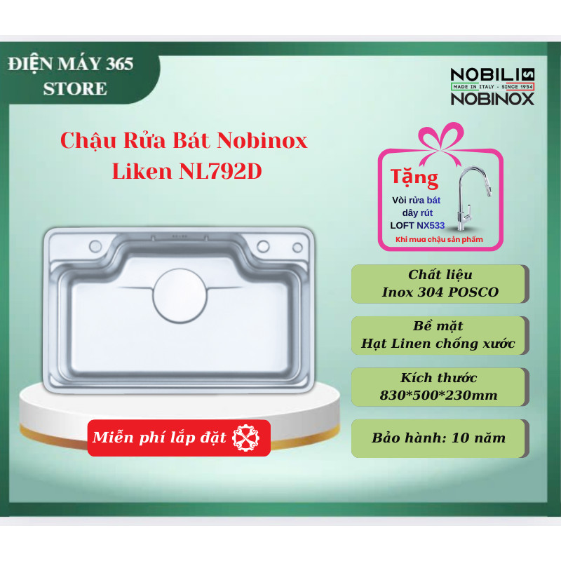 Chậu Rửa Bát 1 Hố Nobinox Liken NL792D – Inox POSCO 304, Bề Mặt Linen Chống Xước Cao Cấp – DNH