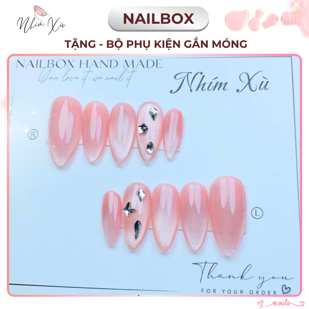 Nailbox Móng Giả Thạch Hồng Mắt Mèo Ánh Kim Cương, Bộ Móng Giả Nhím Xù Sang Chảnh NX025 Nail nhím xù