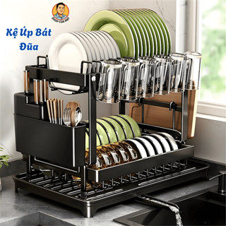  Kệ Úp Chén Bát 2 Tầng Thép Carbon Chống Gỉ Có Khay Hứng Nước Giá Để Chén Dĩa Nhà Bếp Siêu Bền 