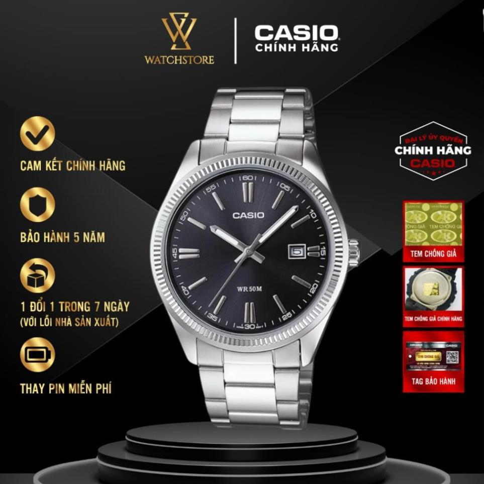 Đồng Hồ Nam Casio MTP-1302D-1A1VDF Dạ Quang Màu Đen Kim Trắng Mặt Kính Khoáng 38.5mm Chống Nước Dây 