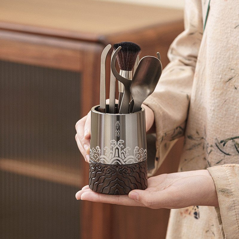 Pure Titanium Tea Ceremony Six Gentlemen Set Tea Accessories Black Ebony Tea Brewing Tools Kung Fu T