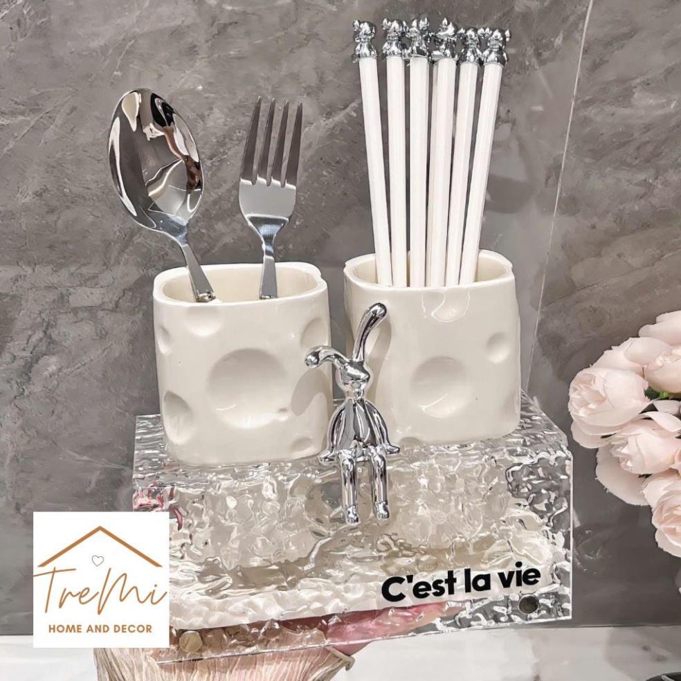 Bộ 2 Ống Đựng Đũa Gốm Sứ Kèm Khay Sang Trọng, Ống Đựng Thìa Đũa Phòng Ăn Thoát Nước - OD2