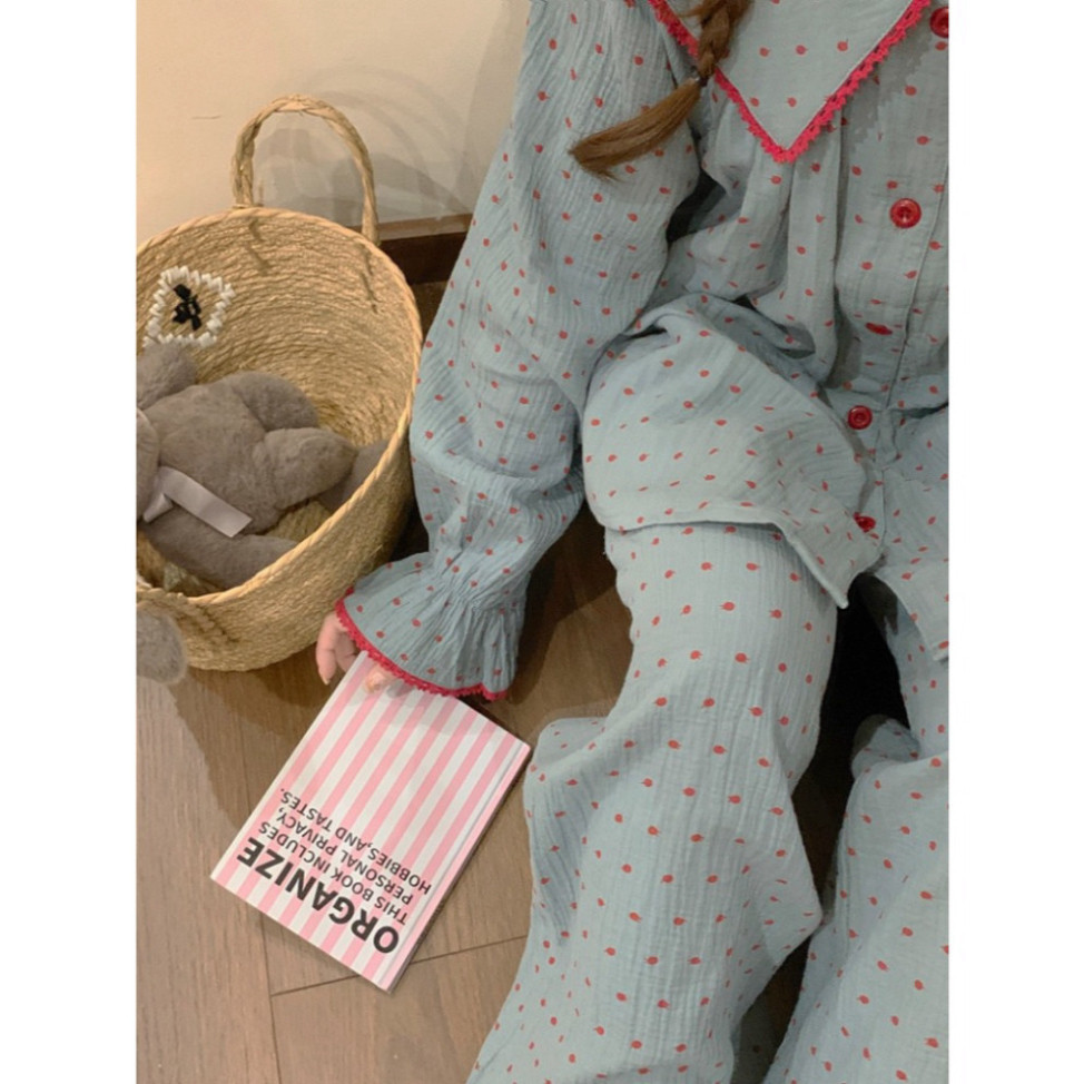 Bộ đồ pijama đồ ngủ nhà nữ cotton chấm bi tay bồng cổ thủy thủ bigsize, mềm mại thoáng mát dành cho 