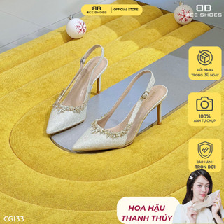  Giày cao gót nữ BEESHOES da kim tuyến đính đá mũi nhọn gót nhọn cao 9 phân sẵn màu trắng CG133  Form 1.5  