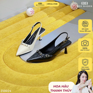  Giày cao gót nữ Beeshoes da lì mũi nhọn gót nhọn cao 6 phân sẵn màu kem - đen 250024 