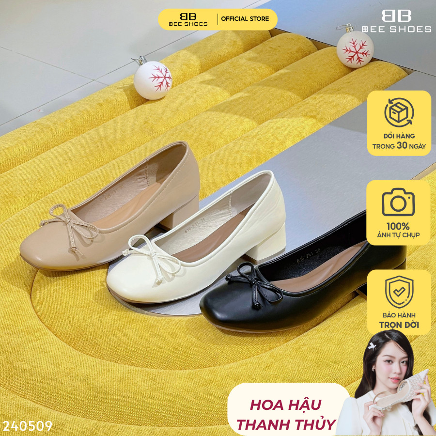 Giày cao gót nữ BEE SHOES mũi tròn gót trụ cao 4cm  sẵn màu kem - đen - be - 240509 ( form 1.5)