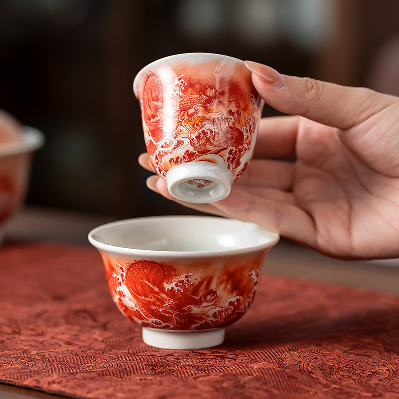 Jingdezhen Alum Red Fish Transforms into Dragon Master Cup Guest Cup Ceramic Kung Fu Tea Cup Undergl