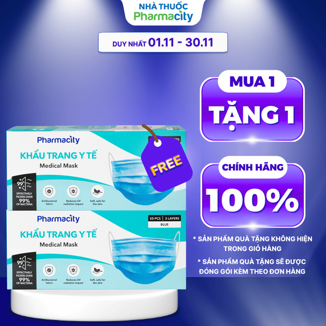  Khẩu trang y tế 3 lớp Pharmacity màu xanh  Hộp 50 cái  