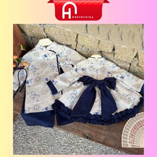  Áo dài gấm kèm quần lụa bé trai và váy bé gái thêu hoa văn ngựa thắt nơ xinh - HNOrderChina 