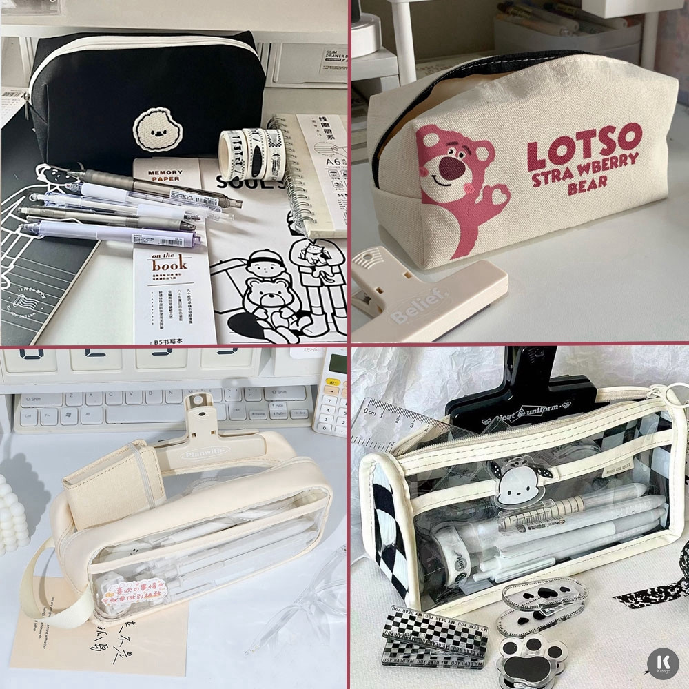 Hộp Đựng Bút trong suốt nhiều ngăn, bóp viết gấu dâu cute, túi đựng bút nam nữ to bằng vải caro