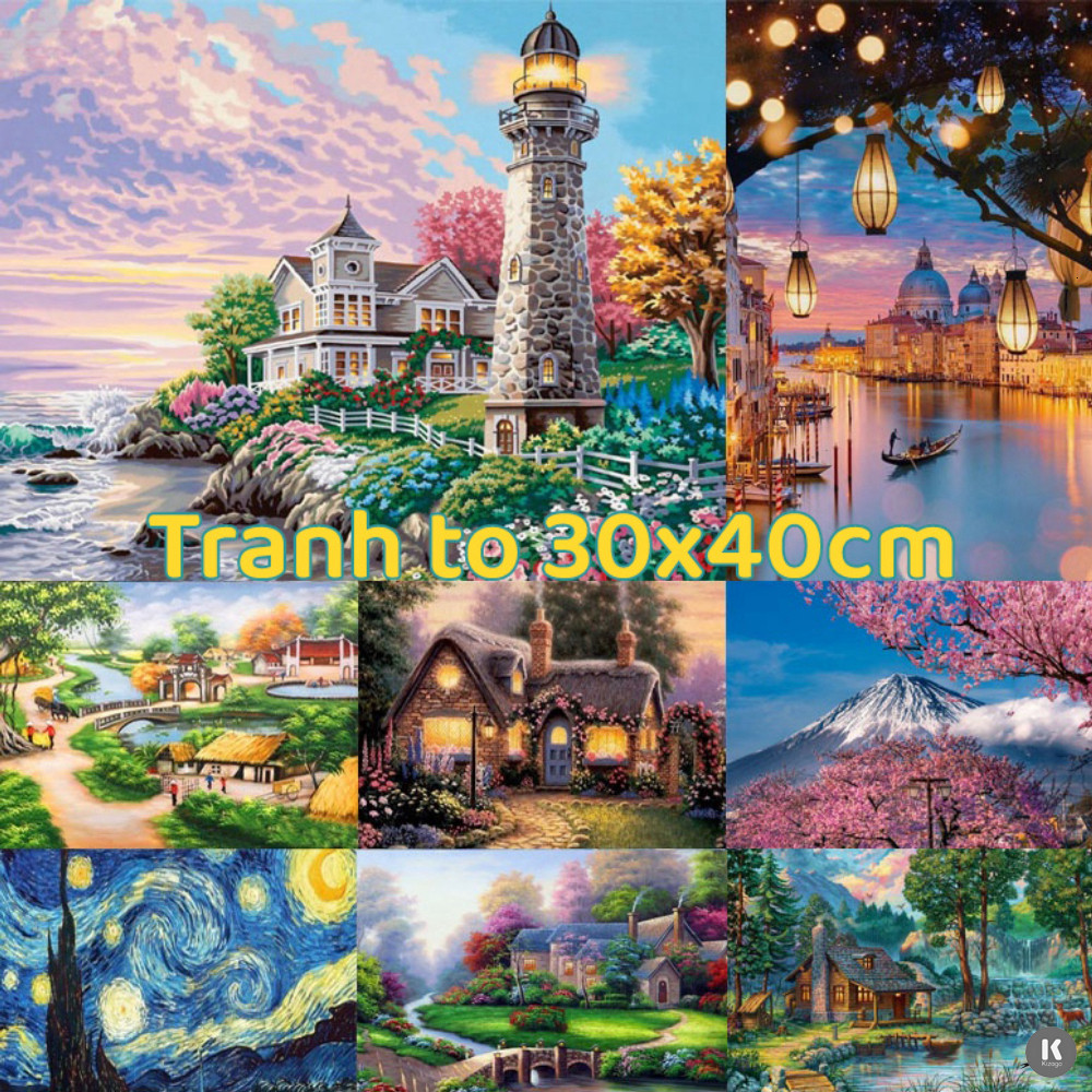 Tranh đính đá phong cảnh, tranh gắn đá thiên nhiên đồng làng quê tự làm FAMILY86