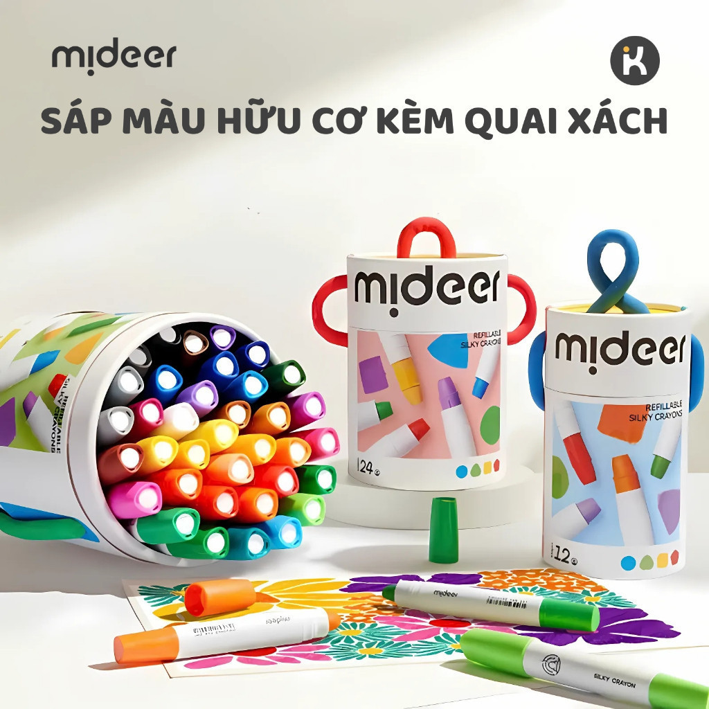 Màu sáp dầu, bút sáp lụa vặn hữu cơ Mideer Silky Crayon kèm quai cho bé 12-24-36 màu