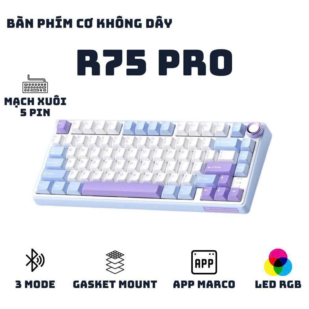 Bàn phím cơ không dây RK R75 Pro - 3 mode - Mạch xuôi 5 pin - App Marco - LED RGB - Full Foam