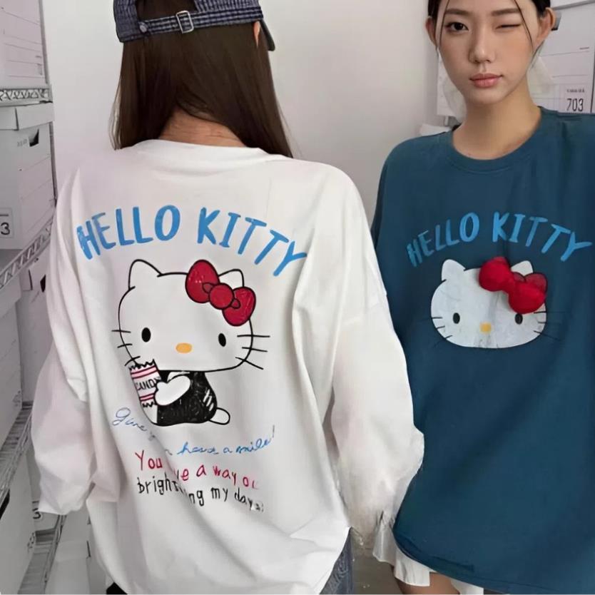Áo dài tay kitty kèm charm nơ đỏ – Sweater nỉ len form rộng oversize phong cách dễ thương hotgirl hàn quốc UT