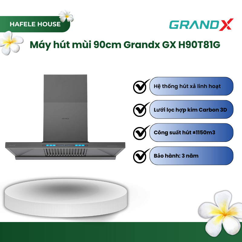 Máy Hút Mùi Áp Tường GrandX GX H90T81G – 90cm, Màu Xám Titan, Điều Khiển Sensor Touch Smart - HHS