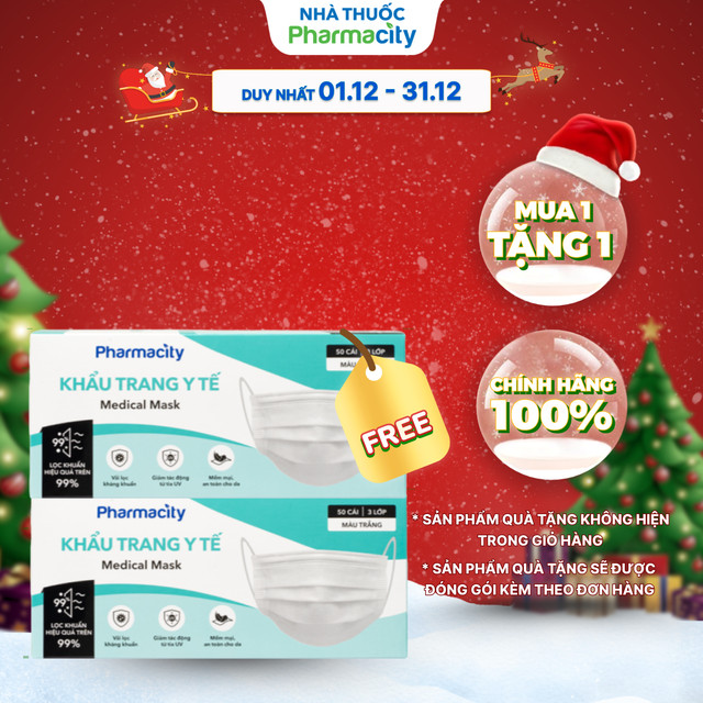  Khẩu trang y tế 3 lớp Pharmacity  Hộp 50 cái  màu trắng 