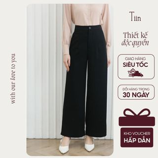  TIINSTORE Quần ống rộng túi chéo ly bụng dáng suông công sở đơn giản thanh lịch nữ tính Q0D058 