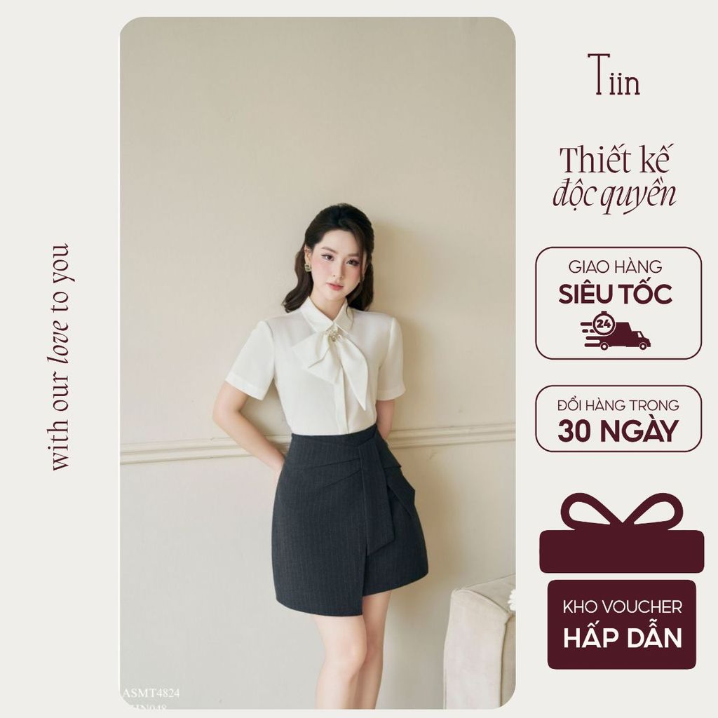 TIINSTORE Chân váy cạp liền vạt nơ phối kẻ TIIN STORE CHN048