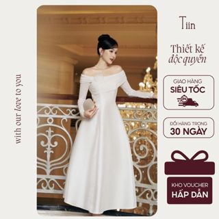  TIINSTORE Váy đầm thiết kế nữ lệch vai dáng xoè hoa cài chất tafta nhũ dự tiệc prom sang chảnh Tiin Store VHD957 