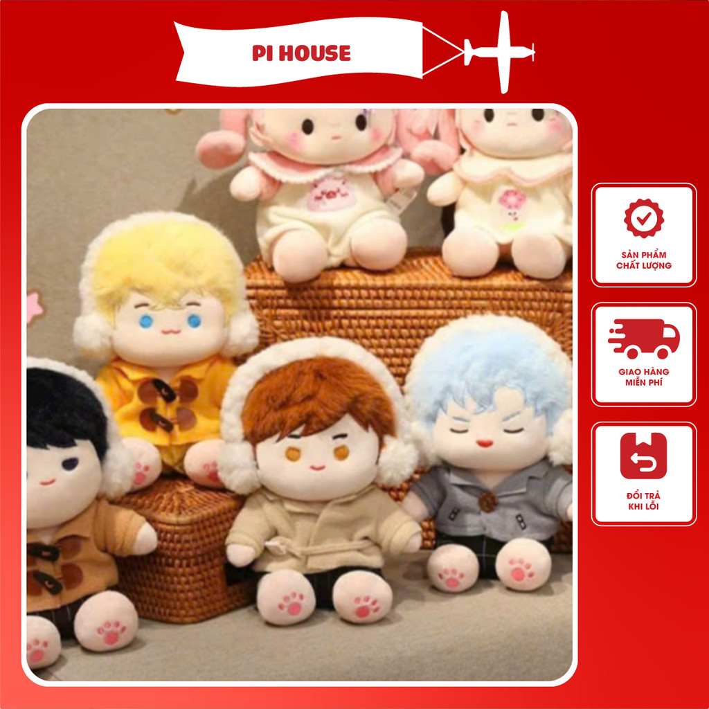 Gấu bông búp bê nam đeo tai nghe nhồi bông búp bê nam nữ tóc dài nhiều màu sắc có thể tháo rời