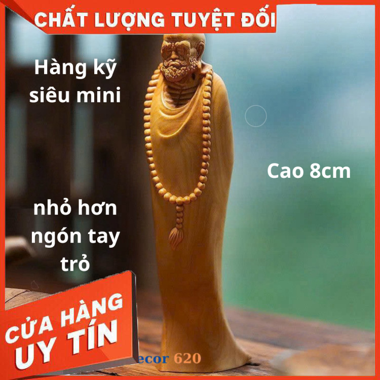 Tượng gỗ hoàng dương Đạt Ma sư tổ cao ~8cm hàng kỹ siêu mini