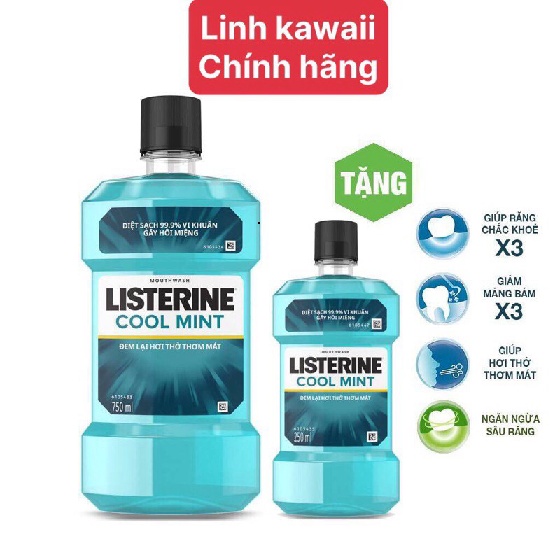 Nước súc miệng hơi thở thơm mát Listerine Cool Mint 750ml Tặng nước súc miệng Listerine Coolmint 250