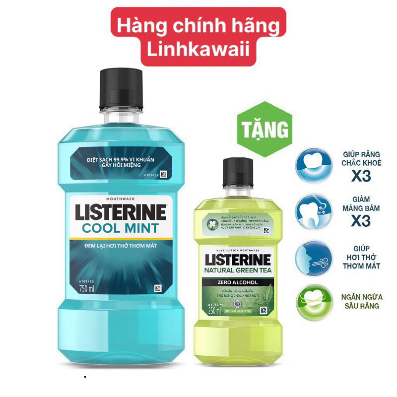 Nước súc miệng hơi thở thơm mát Listerine Cool Mint 750ml + Tặng nước súc miệng Listerine trà xanh 2