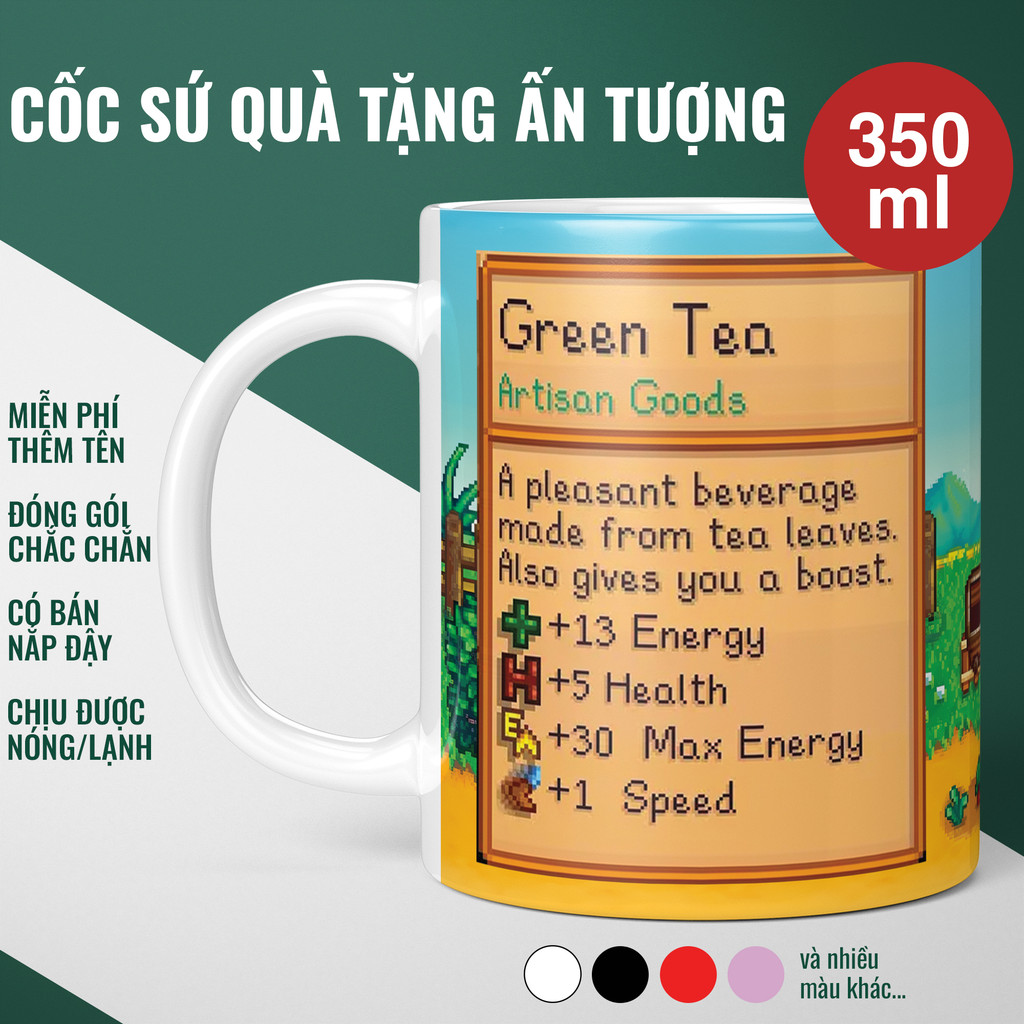 Ly Cốc Sứ Green Tea Stardew Valley +30 Max Energy - Quà Gamer, Decor Bàn Làm Việc Độc Lạ