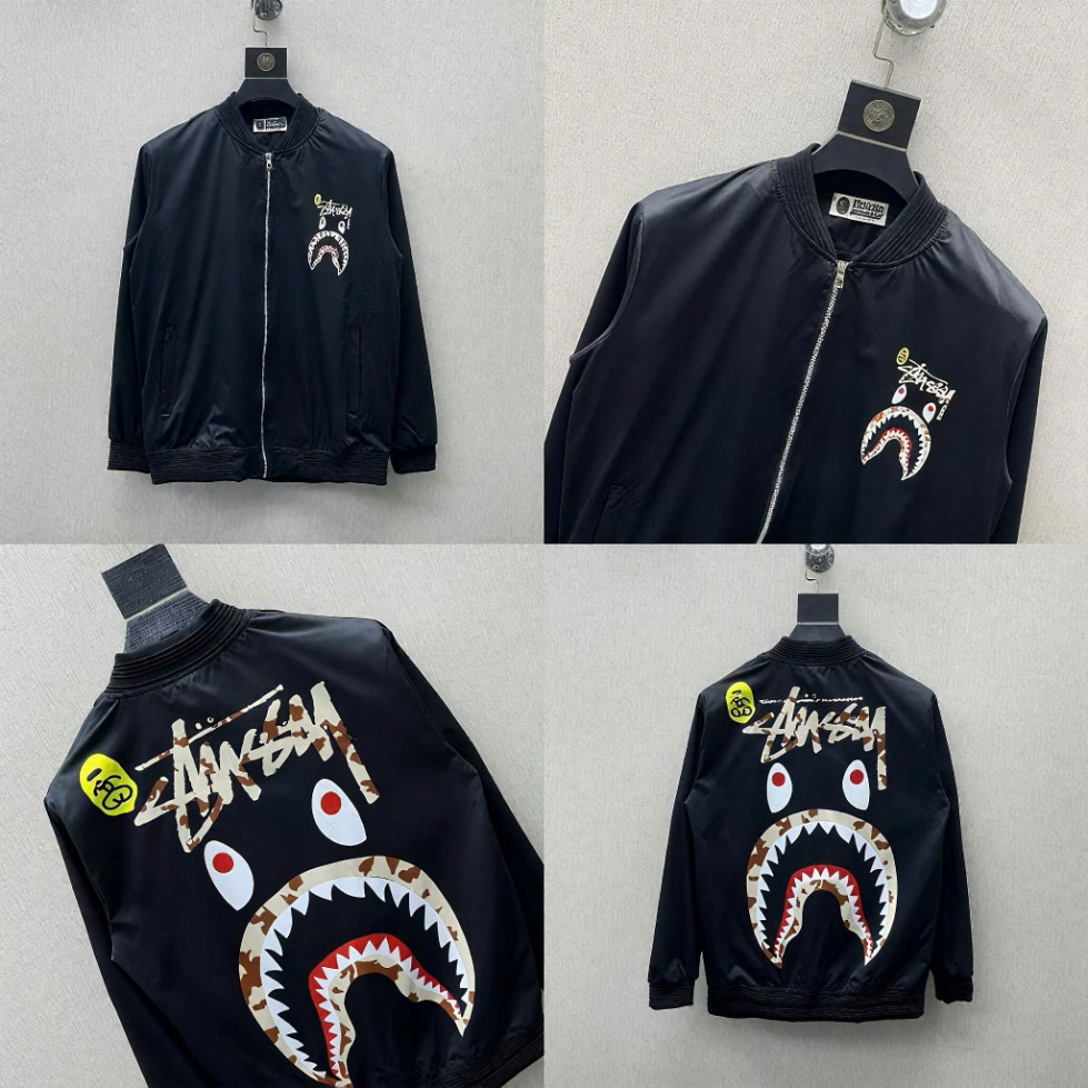 Áo khoác BaPe Cá Mập phối stussy hồng siêu đẹp-áo bomber BaPe Cá Mập hàng cao cấp 2 lớp chống gió tt