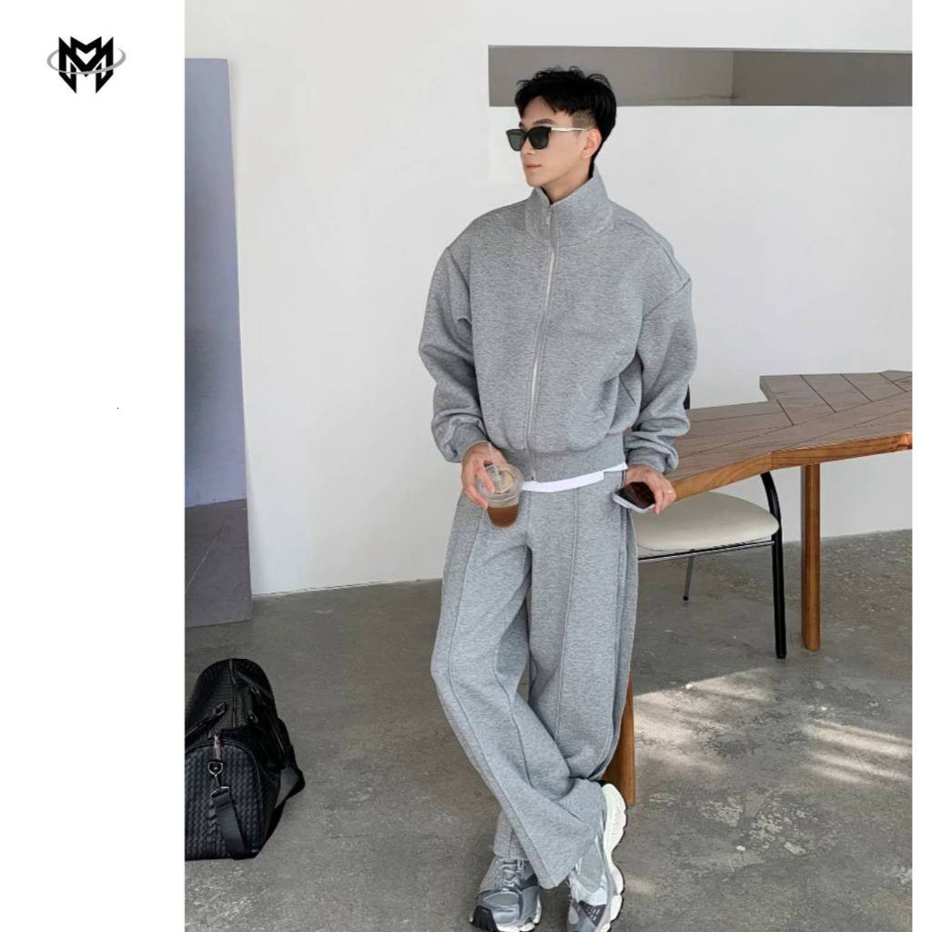 ⭐⭐  Bộ nỉ form rộng đệm vai unisex – Áo khoác cao cổ kèm quần suông ống rộng Muslano Fashion.