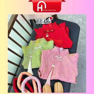  Áo dài vải tơ ánh kim form suông rộng màu đỏ hồng cốm xinh xắn cho bé gái diện lễ Tết - HNOrderChina 