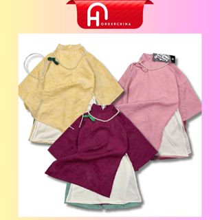  Set áo dài 4 chi tiết kèm quần bờm và vòng cổ cho bé gái tone màu vàng tím hồng - HNOrderChina 