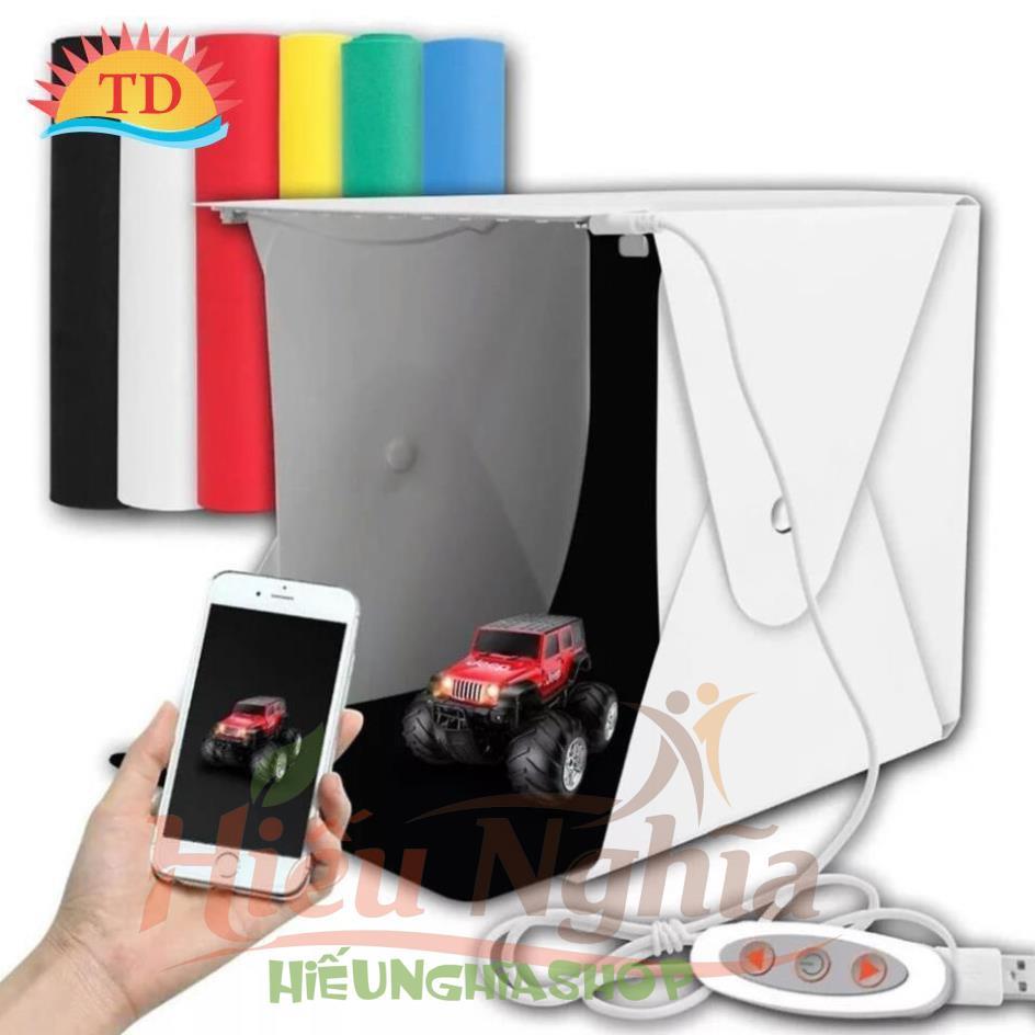 Hộp chụp hình sản phẩm có đèn Led (Cỡ đại 40x40x40) + 6 phong nền (nút bấm cố định hộp vửng) + nút t