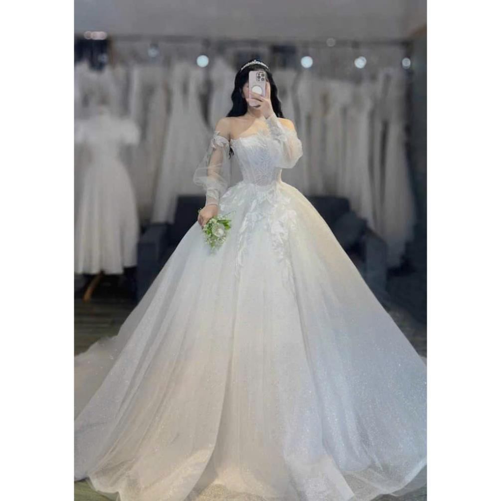 Váy cưới, váy lễ đường bling bling, váy chụp ảnh kiểu dáng dịu dàng, váy dây đan, ảnh thật của shop 