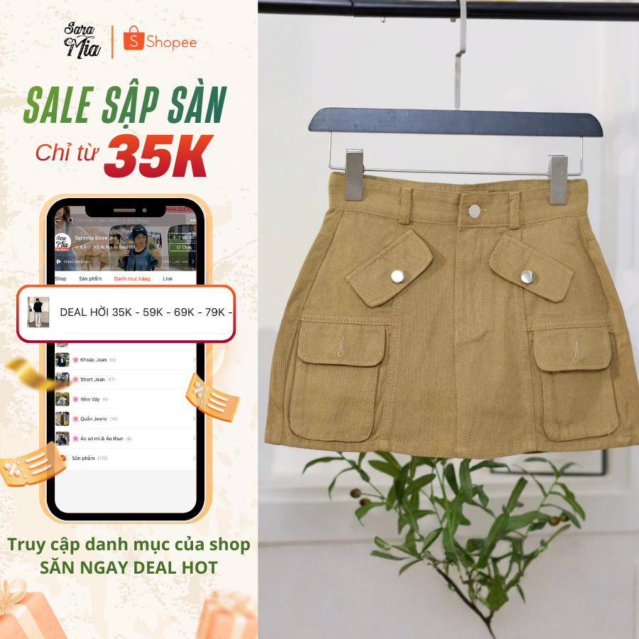 [DEAL HỜI] Chân váy kaki chữ A SARAMIA  túi hộp cạp cao có quần bảo hộ dày dặn màu trắng be A11