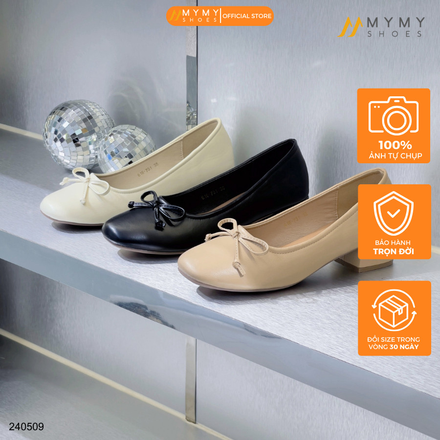 Giày cao gót nữ BEE SHOES mũi tròn gót trụ cao 4cm  sẵn màu kem - đen - be - 240509 ( form 1.5)