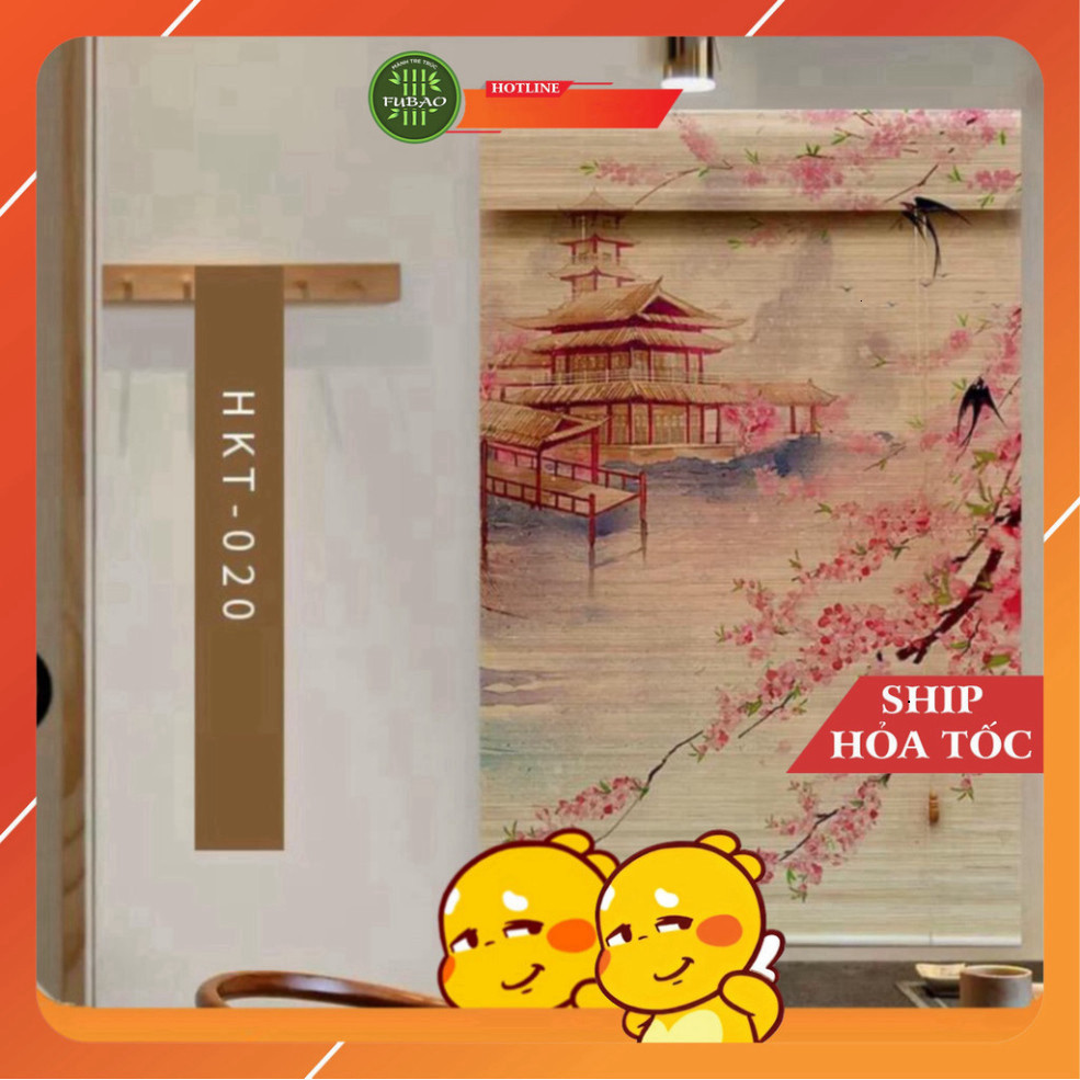 Mành tre trúc in tranh UV hình phong cảnh chim và hoa đào. Mành tre trúc trang trí decor cafe, spa.1