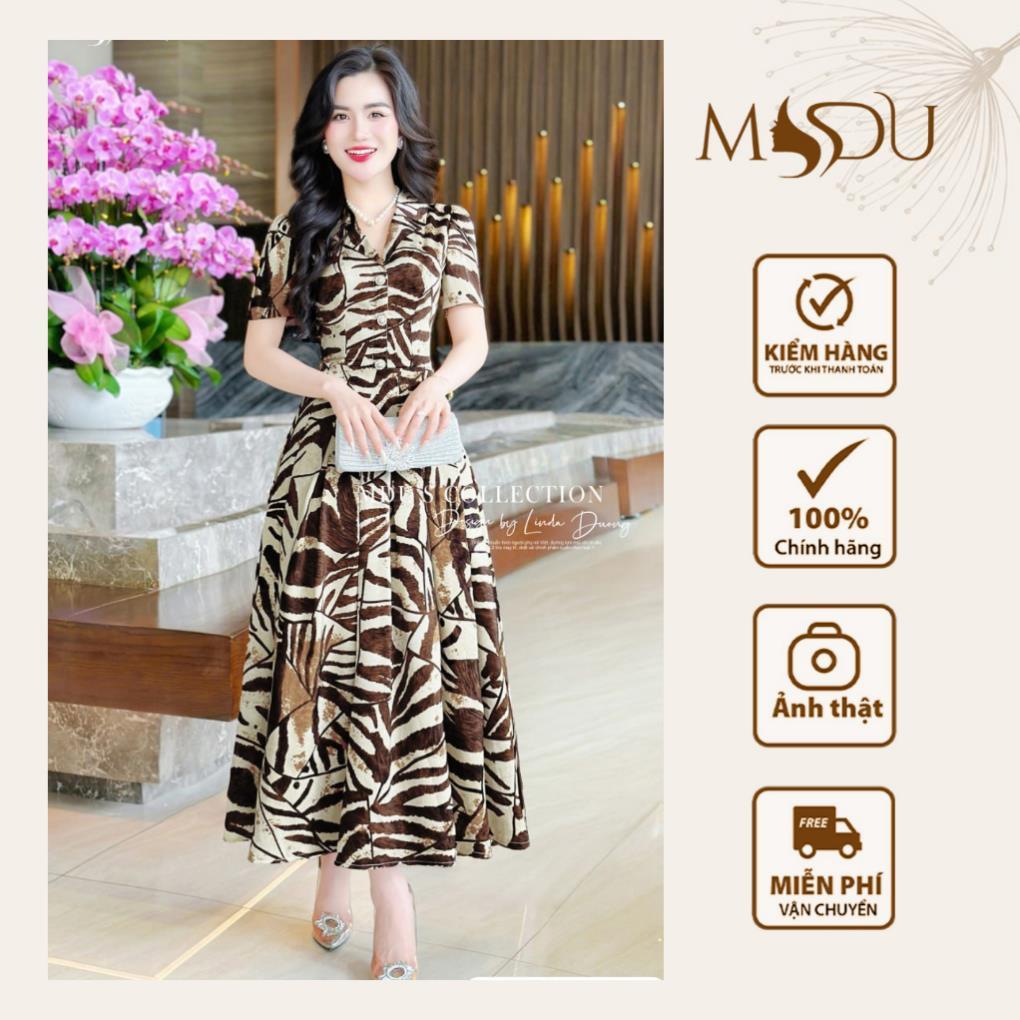 Váy Thiết Kế MDU5165 Lụa Mango Cao Cấp Dáng Xòe Cổ Chữ V Phối Họa Tiết Trừu Tượng Thanh Lịch Từ MDU 