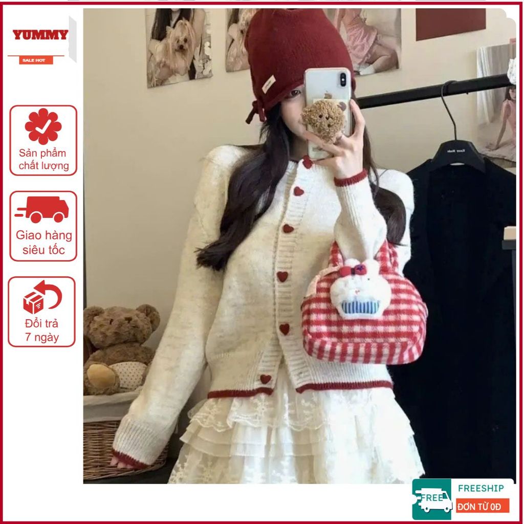 Áo cardigan len 𝒀𝑼𝑴𝑴𝒀 phối viền, Áo len cardigan dệt kim cúc trái tim phong cách Hàn Quốc CA35