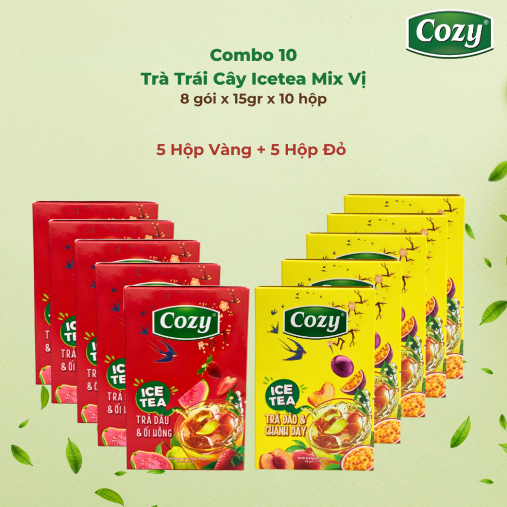 Combo 10 Trà Trái Cây Cozy Ice Tea Hộp Tết, Trà Hòa Tan Đào, Chanh Dây, Dâu, Ổi Hồng Hộp 8 gói x 15g